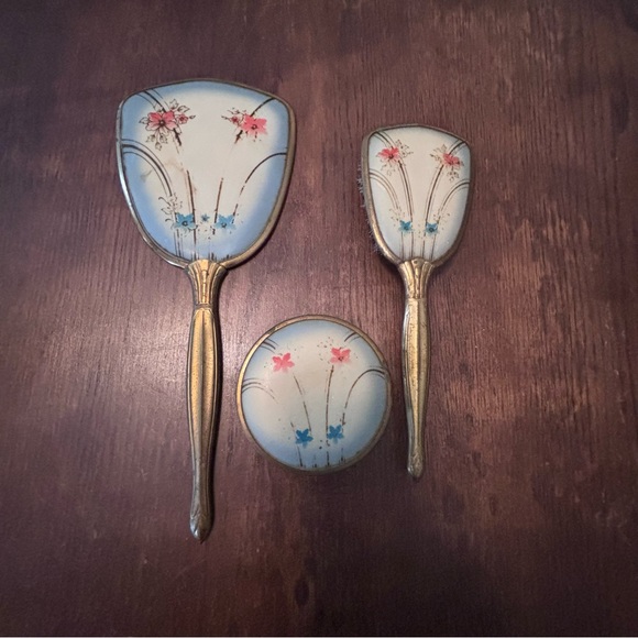 Other - Vintage 4Pc Vanity Set Brush, Beveled Hand‎ Mirror, Large Jar & Lid